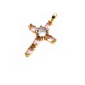 Macro detail of copper cross pendant with pink marquise and white center zircon - Pink