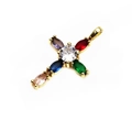 Macro detail of gold cross pendant with colorful zircon stones and center crystal inlay - Multicolor