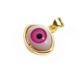 Detailed macro view of the evil eye pendant featuring a pink iris and gold metal base - Pink