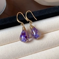 Handmade teardrop resin earrings with purple preserved flowers and gold hooks - Hook Earring (HE31706) / Gold-Blue