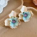 Sweet forest style floral stud earrings featuring blue fabric petals and elegant gold edges - Style 35 (Silver Pin)