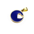 Close-up of gold-plated brass round pendant with blue enamel and heart cutout detail - Heart Cutout Round Pendant / Dark Blue