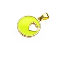Detail of round gold brass pendant with heart cutout and neon yellow enamel finish - Heart Cutout Round Pendant / Neon Yellow