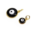 Detailed macro view of two gold evil eye enamel pendants for necklaces or bracelets - Black (8mm)