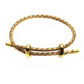 Macro detail of adjustable 3mm leather braided bracelet with gold sliding metal buckles - Gold