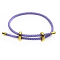 Detailed view of purple braided leather cord bracelet with adjustable gold metal sliders - Light Purple
