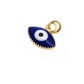 Close-up of 10mm blue enamel evil eye charm with gold serrated edges for DIY jewelry - Blue