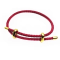 Detail of dark red woven cord bracelet with adjustable gold sliding metal rings - Rose Red