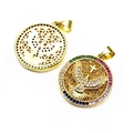 Golden round pendant with colorful zircons featuring peace dove and cross relief design - Peace Dove And Cross Style