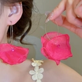 Elegant close-up of pink chiffon flower hoop earrings with crystal center detail - Ear Hook Style / Pink