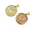 Detailed view of a gold circular pendant featuring multi-color stones and cross design - Angel And Cross Style