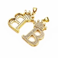 Gold plated micro-paved zircon crown letter B pendant showing front and honeycomb back detail - Letter B