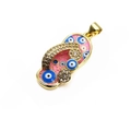 Detailed view of 14K gold-plated flip-flop pendant with pink enamel and evil eye charms - Pink