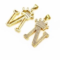 Golden letter N pendant with crown and micro-paved zircons, front and back view - Letter N