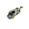 Macro view of gold flip-flop pendant with black enamel and evil eye zircon details - Black
