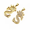 Golden crown letter S pendant featuring micro-paved white zircons with honeycomb back - Letter S