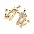 Golden micro-paved zircon letter W crown pendant with hollow honeycomb backing detail - Letter W