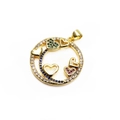 Detailed close-up of golden circular pendant with heart motifs and colorful zircon stones - Hollow Heart Round Style (1)