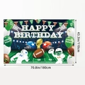 Fußball Happy Birthday Banner mit Stadionlichtern und Spielerfiguren für Party-Dekoration - Fußball Thema Geburtstag Hintergrund