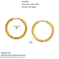 Detail view of 18k gold plated twisted stainless steel hoop earrings with size measurements. - Mesh Bamboo Style (SE996G)