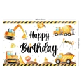 Construction vehicle birthday backdrop showing excavator and dimensions 71x43 inches - Construction Vehicle Style