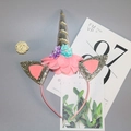 Unicorn headband for girls with silver horn, pink mesh lace, and glitter ears - Silver