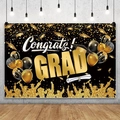 Pancarta de graduación en negro y dorado con texto Congrats GRAD y globos - Tipo C (110-180cm)
