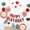 Red and gold macaron party set with Happy Birthday banner and decorative paper fans - Bronzing Red Theme