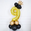 32-inch golden number 9 foil balloon set with crown and black latex balloons base - Gold Number 9