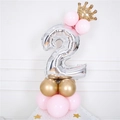 Silver number 2 foil balloon column with golden crown and pink latex base for birthdays - Silver Number 2