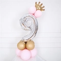 Standing silver number 9 foil balloon with gold crown and pink base for birthday party - Silver Number 9