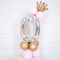 32-inch silver number 0 balloon column with gold crown and pink latex base - Silver Number 0