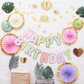 Pastel macaron party set with happy birthday banner and gold-edged paper fans - Macaron Theme