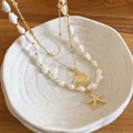 Elegante goldene Seestern und Muschel Anhänger Halskette mit weißen Muscheln für Damen - Mehrlagiges Seestern Muschel Halsketten 3-teiliges Set (47#) / Dreiteiliges Set / Gold Weiß