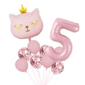 Detail view of pink cat 5th birthday balloon set with crown and confetti latex balloons - Cat Number 5 Balloon Bundle