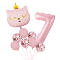 Pink number 7 balloon set with a crowned cat head and rose gold confetti balloons - Cat Number 7 Balloon Bundle
