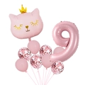 Detail of pink cat head foil balloon with gold crown and number 9 for birthday decor - Cat Number 9 Balloon Bundle