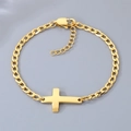 Elegant gold-tone stainless steel curb chain bracelet with a horizontal cross pendant. - Cross Style (KB211854-KFC) / Gold
