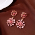 Vintage pink rhinestone flower drop earrings with gold-plated hollow sunburst design. - Earrings Only (With Silver Earring Post) / Gold-Pink