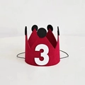 Detail view of red felt birthday crown with number 3 and black pompom for toddler party - Number 3