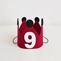 Detail of red felt birthday crown with number 9 and black pom-poms on white background - Number 9