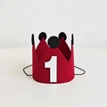 Red felt crown birthday party hat with white number one and black pompoms for babies - Number 1