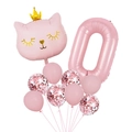 Pink cat-themed birthday decoration set with number 0 balloon and crown cat foil balloon - Cat Number 0 Balloon Bundle
