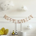 Rose gold Happy Birthday banner set with cloud balloons and palm leaf decorations - Rose Gold