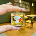 Lucky cat acrylic cube keychain with liquid gold glitter and white figurine - Without Buckle (Good Luck)