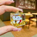 Cute white cat floating liquid keychain with golden glitter in acrylic cube - Without Buckle (Koi Fish)