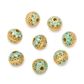 Ancient gold plated hollow enamel flower beads for DIY jewelry making and pendants - Blue White Ethnic Petal (Copper Style 23 Lake Green, 1 Piece/Approx. 2.5g)
