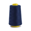 Detail of high-speed polyester sewing thread roll in navy blue with yellow plastic cone - Approx 100g / Dark Blue