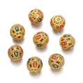 Golden hollow cloisonne enamel round beads with red and blue floral patterns for DIY jewelry - Approx 9.5x10mm / Red Blue (Style 03)