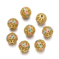 Golden hollow cloisonne bead with pink and blue enamel leaf patterns for DIY jewelry - Pink Blue (Style 04)
